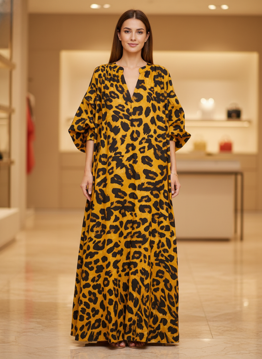 Maxi Abito Leopardato Maniche a Sbuffo